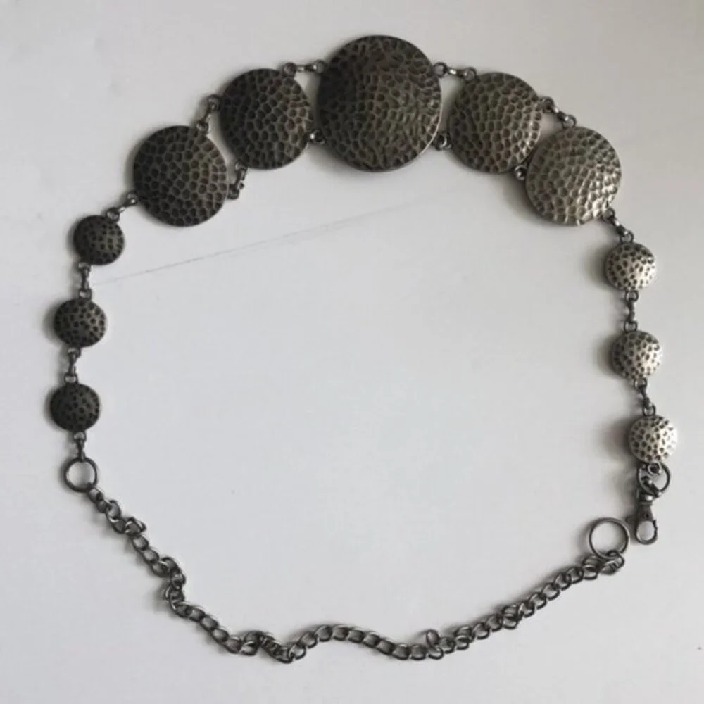 VTG Silver Tone Hammered Metal Medallion Belly Body Chain Link Belt